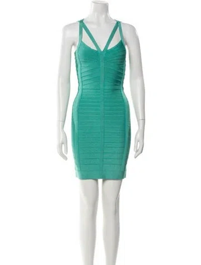Pre-owned Herve Leger V-neck Mini Dress In Blue