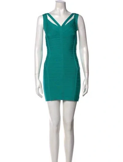 Pre-owned Herve Leger V-neck Mini Dress In Blue