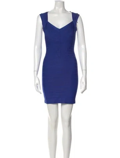 Pre-owned Herve Leger V-neck Mini Dress In Blue