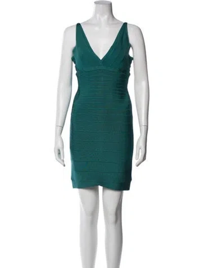 Pre-owned Herve Leger V-neck Mini Dress In Blue