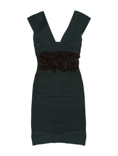 Pre-owned Herve Leger V-neck Mini Dress In Blue