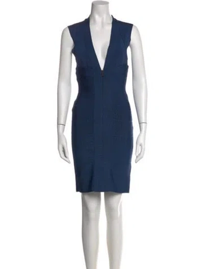Pre-owned Herve Leger V-neck Mini Dress In Blue