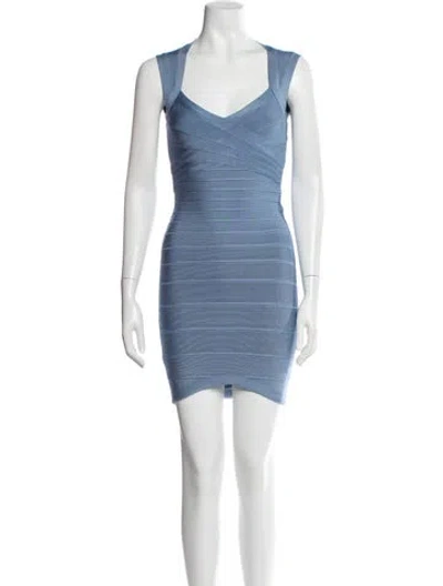 Pre-owned Herve Leger V-neck Mini Dress In Blue