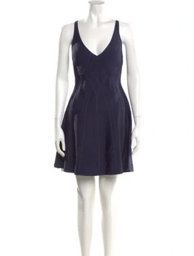 Pre-owned Herve Leger V-neck Mini Dress In Blue