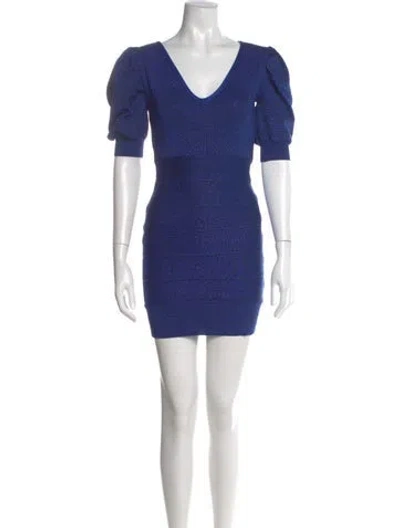Pre-owned Herve Leger V-neck Mini Dress In Blue