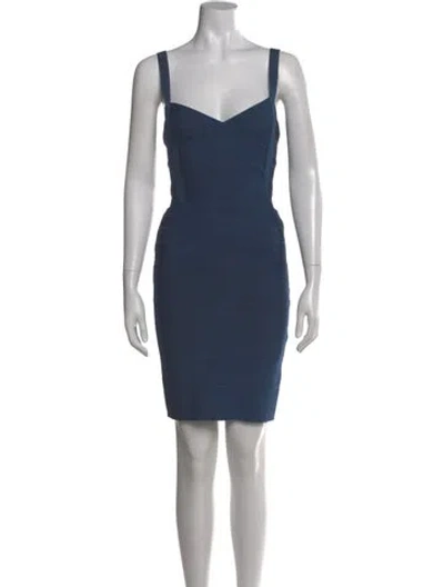 Pre-owned Herve Leger V-neck Mini Dress In Blue