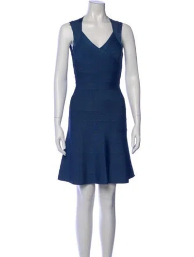 Pre-owned Herve Leger V-neck Mini Dress In Blue