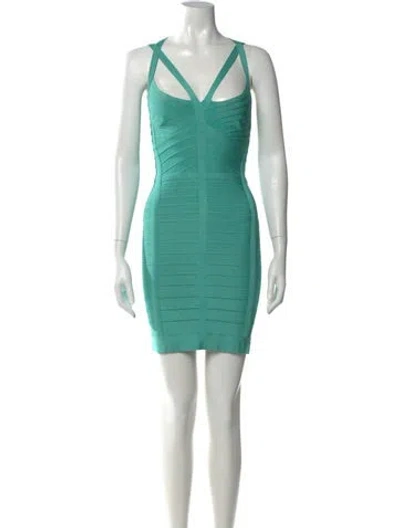 Pre-owned Herve Leger V-neck Mini Dress In Blue