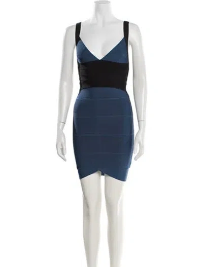 Pre-owned Herve Leger V-neck Mini Dress In Blue
