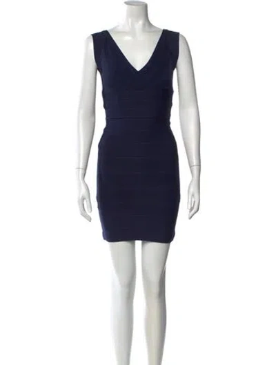 Pre-owned Herve Leger V-neck Mini Dress In Blue