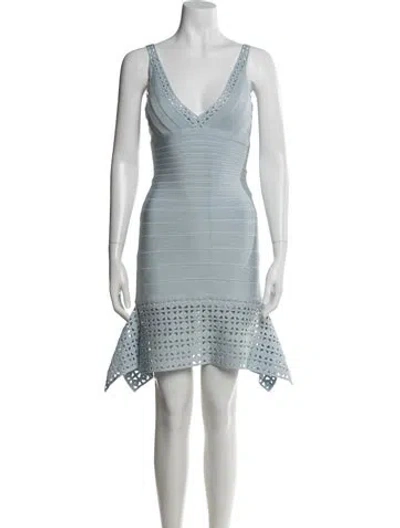 Pre-owned Herve Leger V-neck Mini Dress In Blue