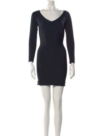 Pre-owned Herve Leger V-neck Mini Dress In Blue