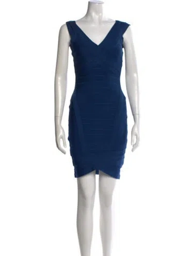 Pre-owned Herve Leger V-neck Mini Dress In Blue