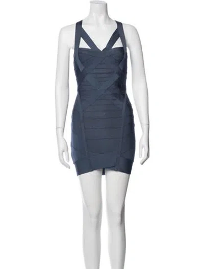 Pre-owned Herve Leger V-neck Mini Dress In Blue