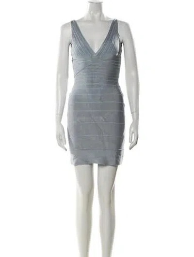 Pre-owned Herve Leger V-neck Mini Dress In Blue