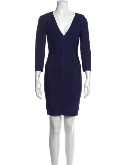 Pre-owned Herve Leger V-neck Mini Dress In Blue