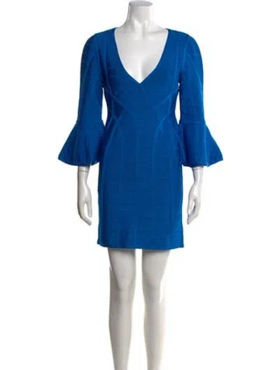 Pre-owned Herve Leger V-neck Mini Dress In Blue