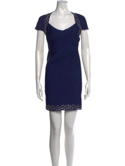Pre-owned Herve Leger V-neck Mini Dress In Blue