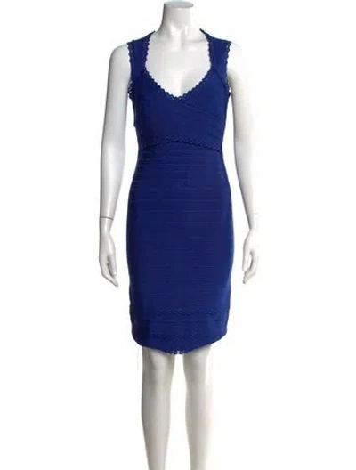Pre-owned Herve Leger V-neck Mini Dress In Blue