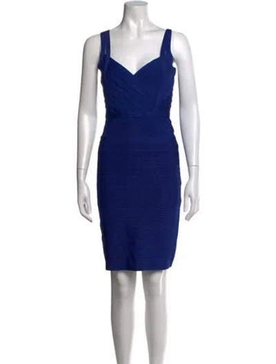 Pre-owned Herve Leger V-neck Mini Dress In Blue