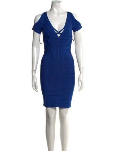 Pre-owned Herve Leger V-neck Mini Dress In Blue