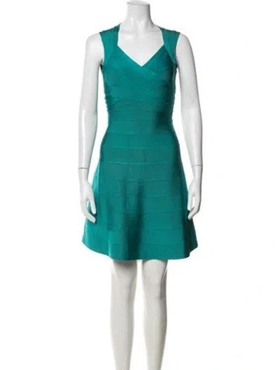 Pre-owned Herve Leger V-neck Mini Dress In Blue