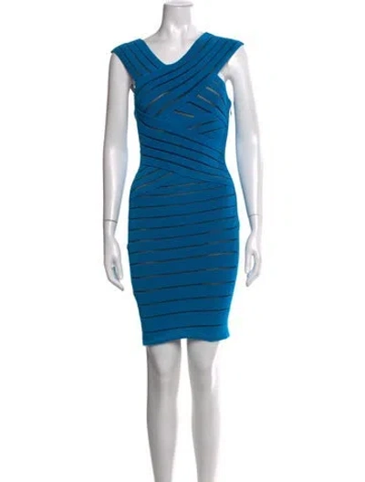 Pre-owned Herve Leger V-neck Mini Dress In Blue