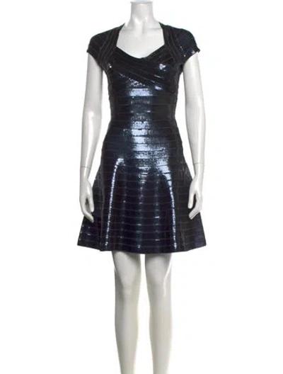 Pre-owned Herve Leger V-neck Mini Dress In Blue