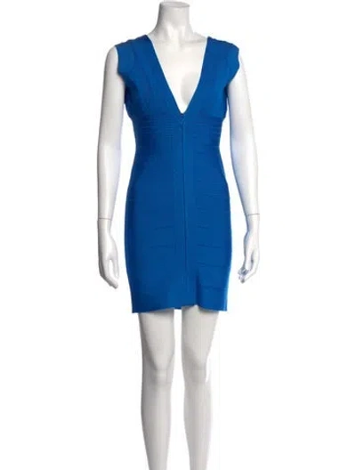 Pre-owned Herve Leger V-neck Mini Dress In Blue