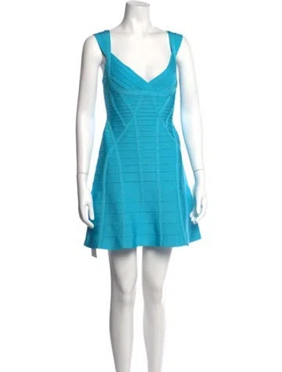 Pre-owned Herve Leger V-neck Mini Dress In Blue
