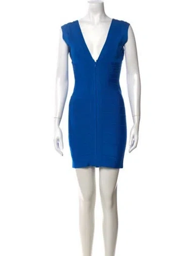 Pre-owned Herve Leger V-neck Mini Dress In Blue