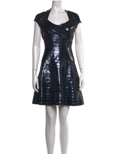 Pre-owned Herve Leger V-neck Mini Dress In Blue