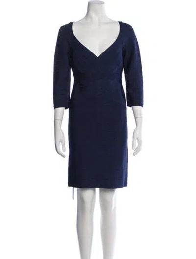 Pre-owned Herve Leger V-neck Mini Dress In Blue