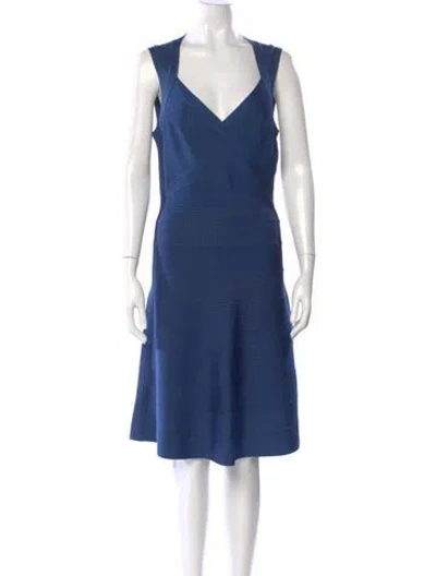 Pre-owned Herve Leger V-neck Mini Dress In Blue