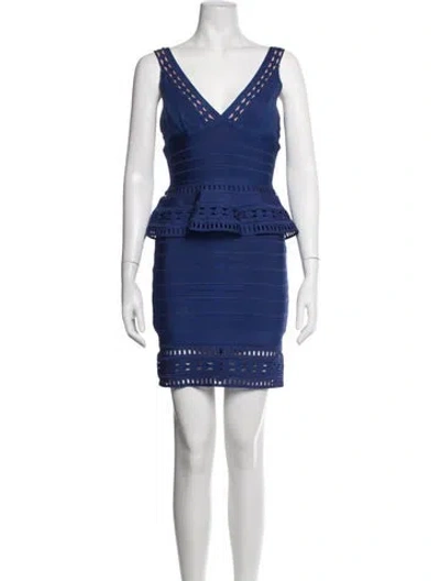 Pre-owned Herve Leger V-neck Mini Dress In Blue