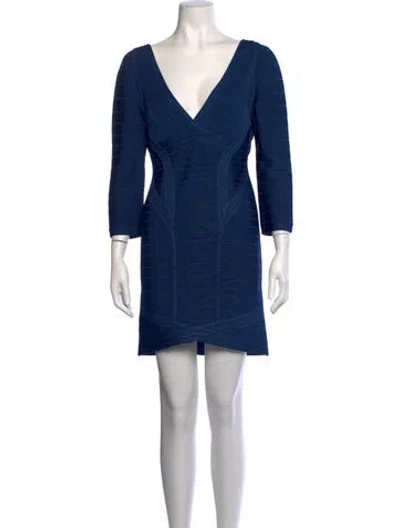 Pre-owned Herve Leger V-neck Mini Dress In Blue
