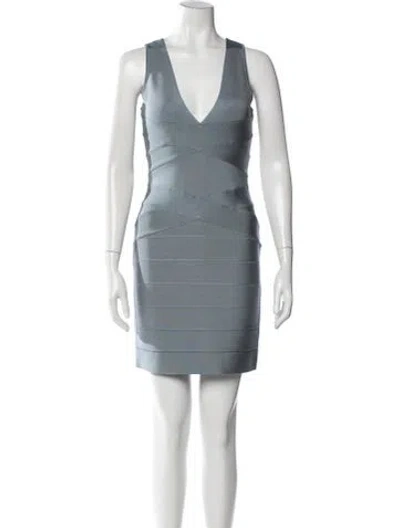 Pre-owned Herve Leger V-neck Mini Dress In Blue