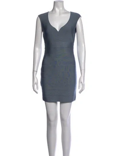 Pre-owned Herve Leger V-neck Mini Dress In Blue