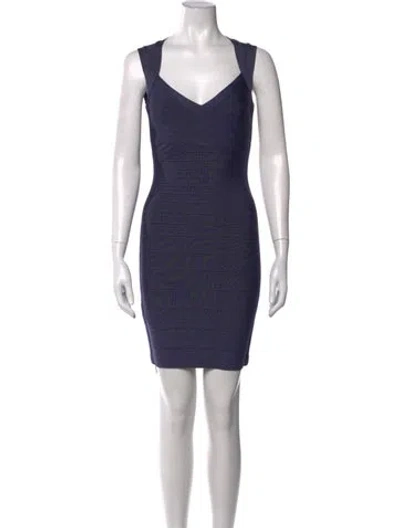 Pre-owned Herve Leger V-neck Mini Dress In Blue