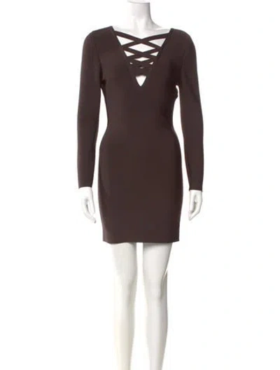 Pre-owned Herve Leger V-neck Mini Dress In Brown