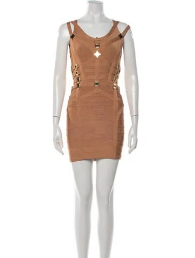 Pre-owned Herve Leger V-neck Mini Dress In Brown
