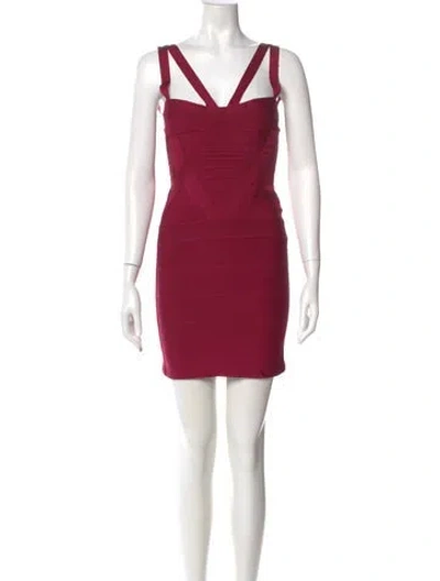 Pre-owned Herve Leger V-neck Mini Dress In Burgundy