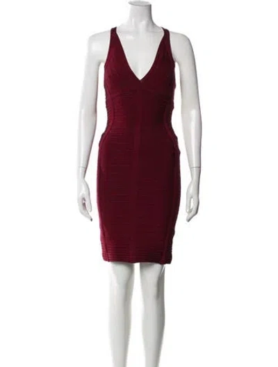 Pre-owned Herve Leger V-neck Mini Dress In Burgundy