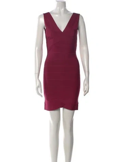 Pre-owned Herve Leger V-neck Mini Dress In Burgundy