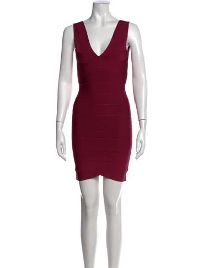 Pre-owned Herve Leger V-neck Mini Dress In Burgundy