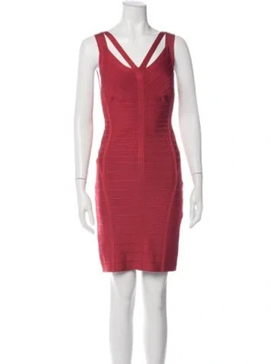Pre-owned Herve Leger V-neck Mini Dress In Burgundy
