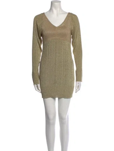 Pre-owned Herve Leger V-neck Mini Dress In Gold