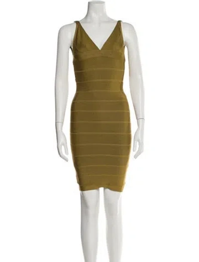 Pre-owned Herve Leger V-neck Mini Dress In Gold