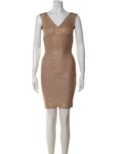 Pre-owned Herve Leger V-neck Mini Dress In Gold