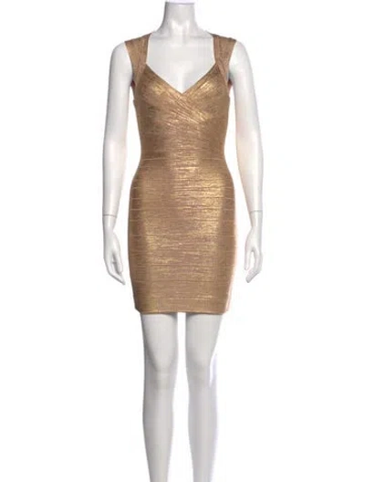 Pre-owned Herve Leger V-neck Mini Dress In Gold